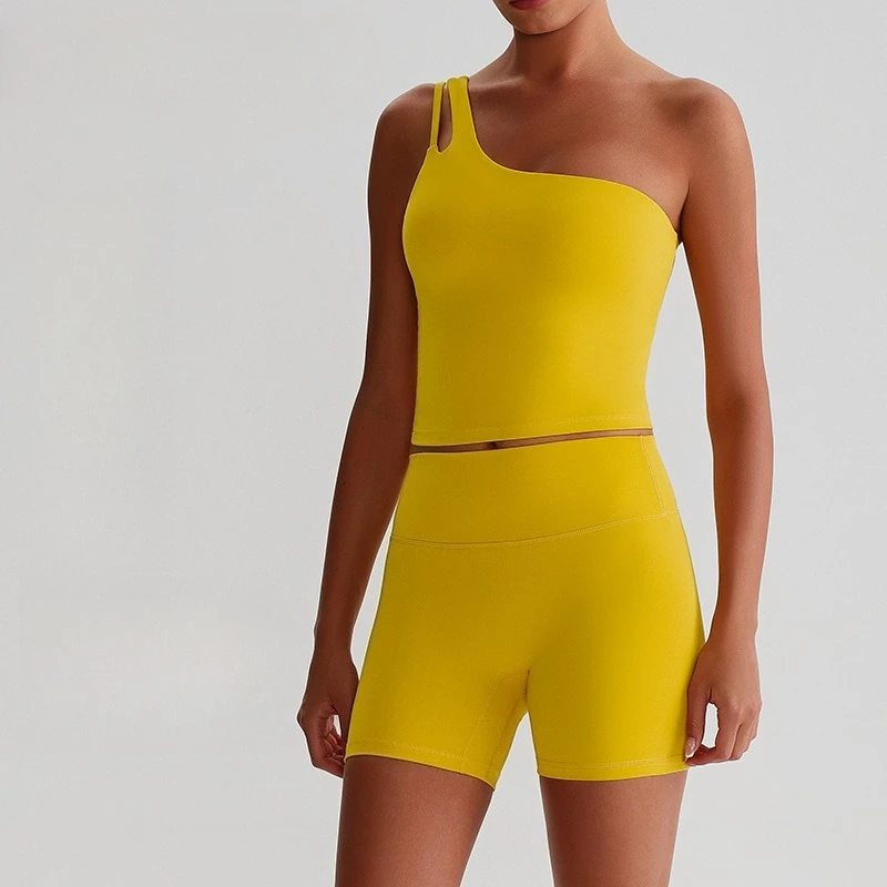 

Women One Shoulder Yoga Set High Waist Sportswear Sexy Gym Outfit Quick-Dry Peach Hip Fitness Suit Tight Workout Clothes