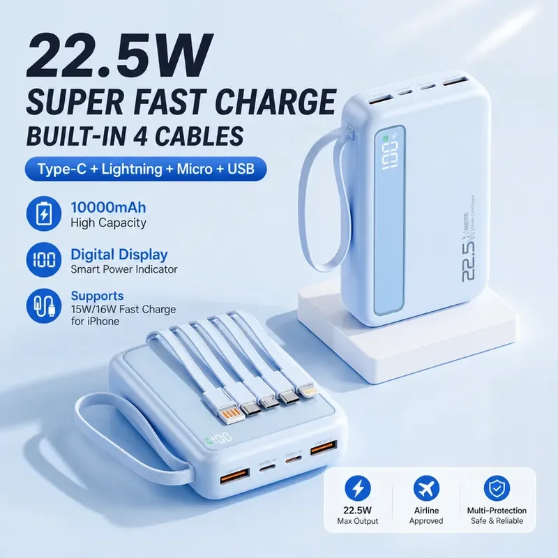 for Power Bank 3C Certified Built in Cable Super Fast Charging Mini Compact Portable Large Capacity Mobile Power Supply