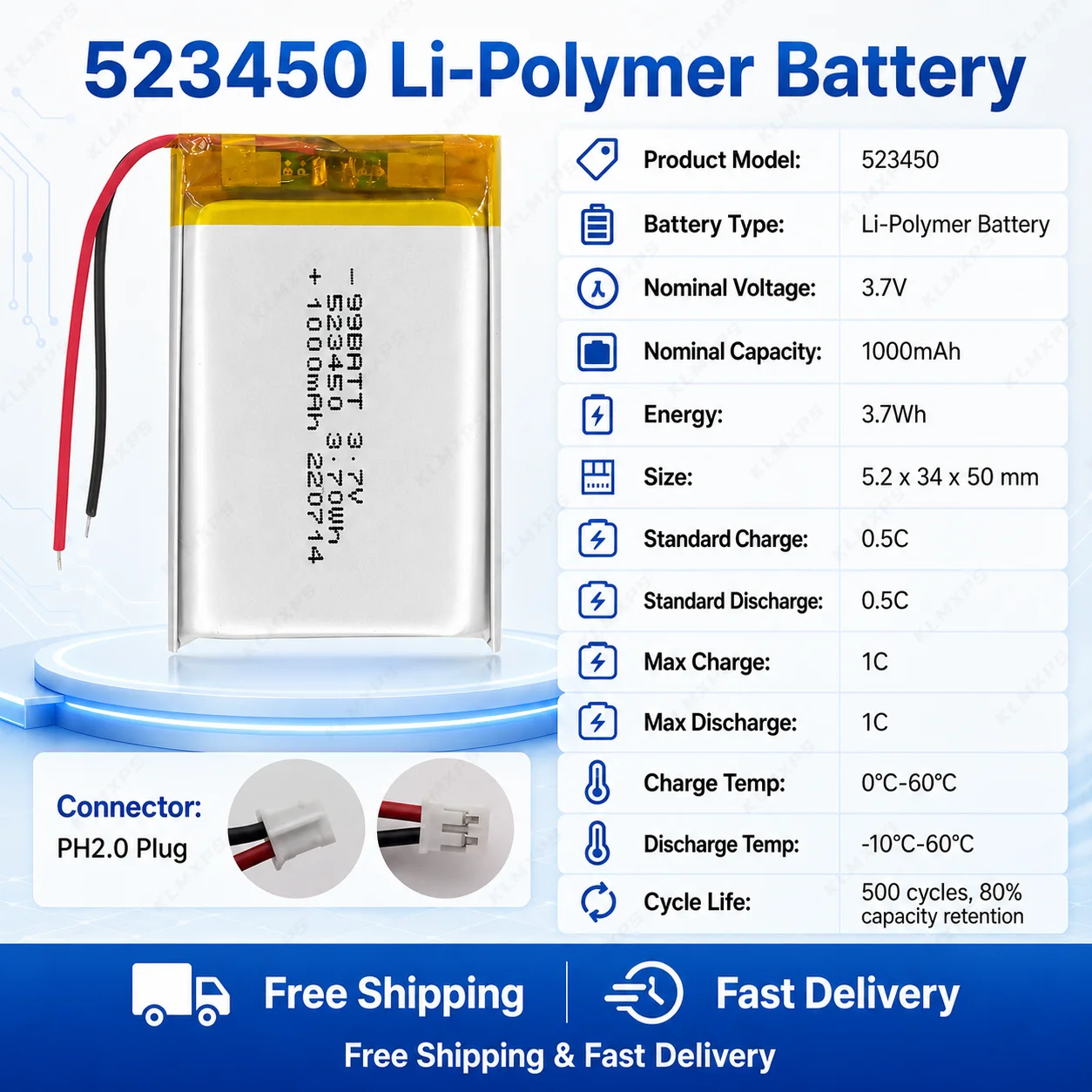 523450 3.7V 1000mAh Li-ion Polymer Battery Rechargeable 3.7Wh with PH2.0 Connector for DIY ，Speaker, headlight, vehicle recorder