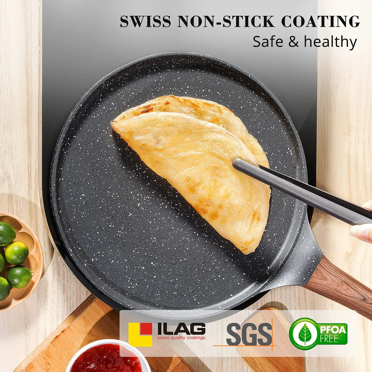 Crepe Pan with Bamboo Spreader 10 Inch Nonstick Pancake Flat Skillet for Tortilla Crepes Compatible Gas Stovetops and Induction