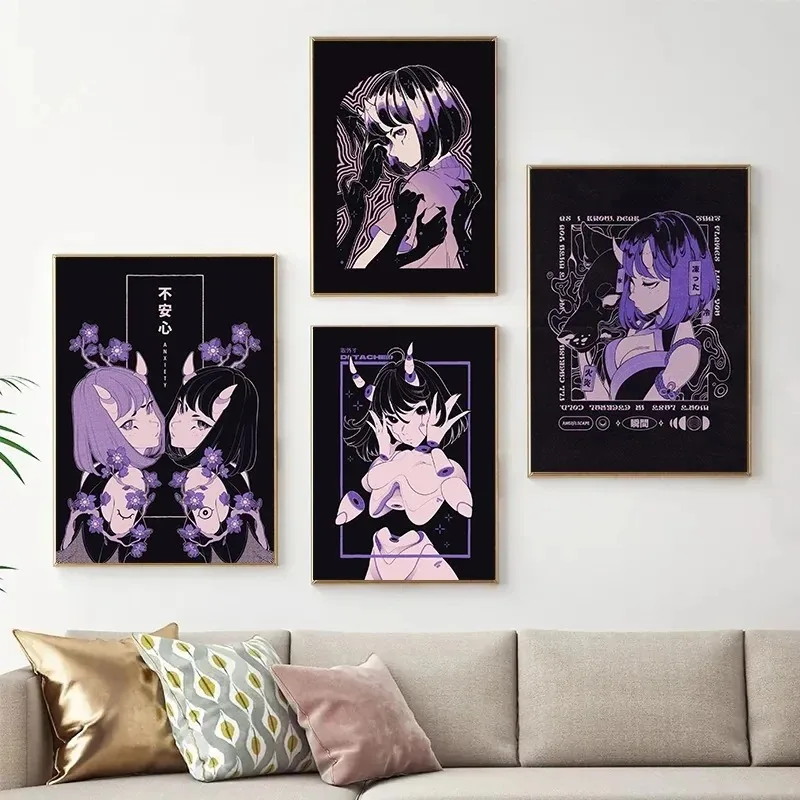 Anime Style Purple Holding The Fox Mask The Girl Cartoon Art Poster Canvas Paintings Wall Art Pictures Home Decor