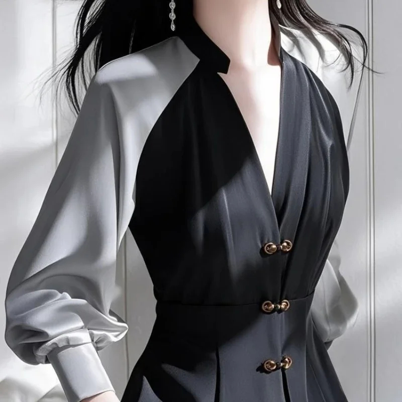 Satin Chinese Style Women's Blouses Korean Shirts FASHION Loose Spring/Summer V-neck Vintage Patchwork Long Sleeve Women Tops