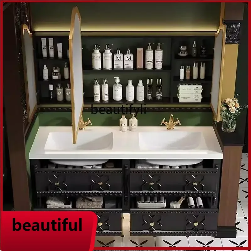 

F156 French retro bathroom cabinet combination bathroom cabinet double basin rock slab seamle basin washstand oak wash basin
