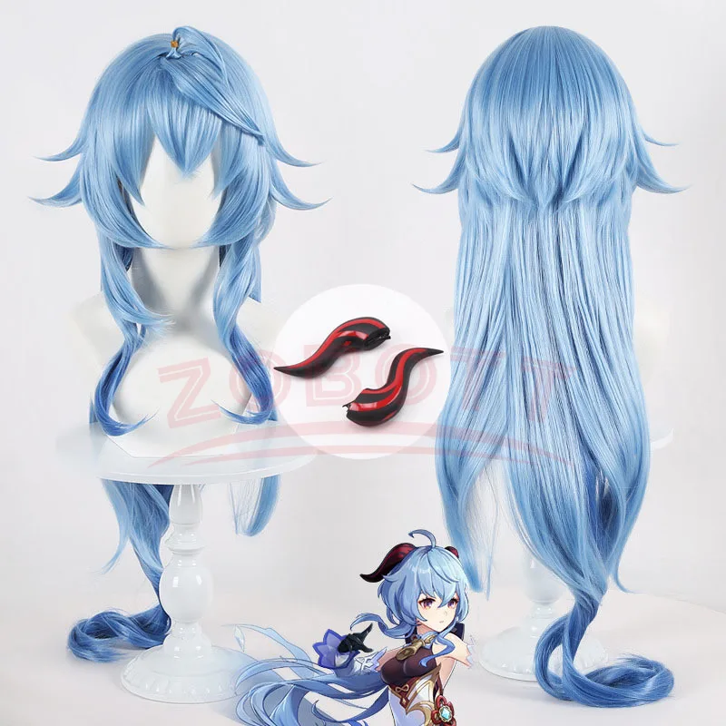

Anime Ganyu Cosplay Wig Long Blue Gradient Cruly Women Wigs Heat Resistant Synthetic Hair Halloween Party Wig + headwear