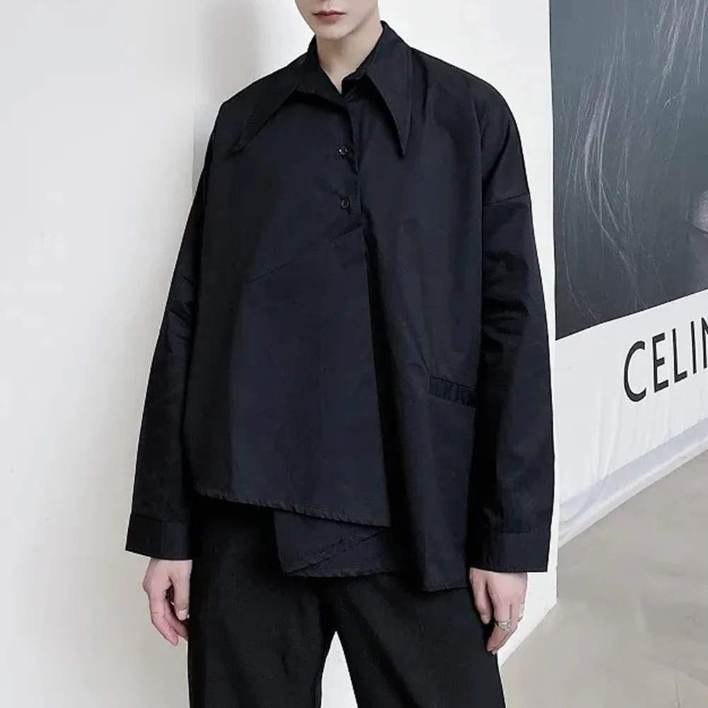Mens Dark Irregular Asymmetrical Niche Design Shirt Streetwear Fashion Outdoor Plain Nightclub Long Sleeve Top Men'S Wear 2026