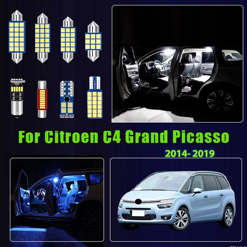 

For Citroen C4 Grand Picasso II Mk2 2014 - 2019 8pcs Car LED Bulbs Interior Dome Reading Lamp Footwell Trunk Light Accessories