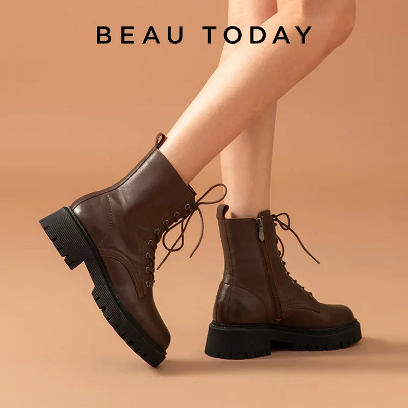 

BeauToday Ankle Boots Women Winter Shoes Cow Leather Platform Boots Round Toe Zipper Thick Sole Motorcycle Bootie Coffee B04420