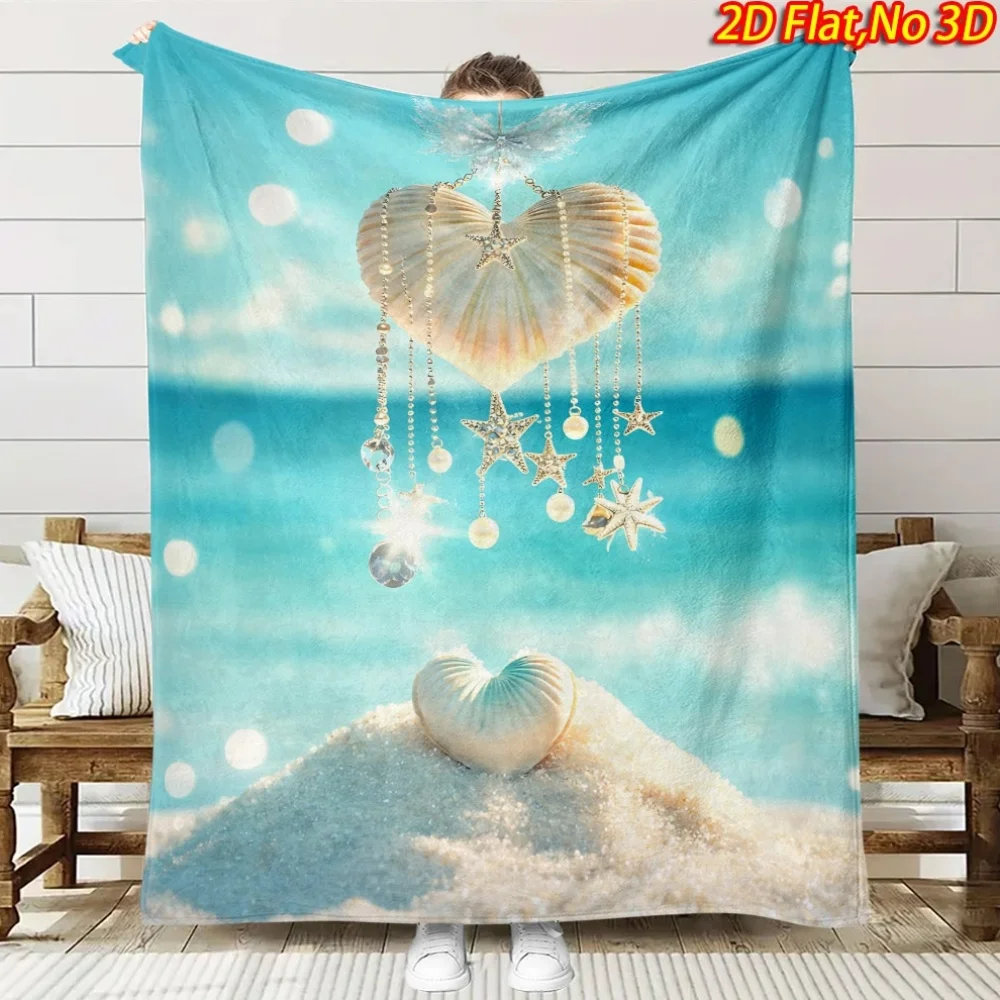 1pc 2D Flat Printing Spring And Summer New Arrival Shell Starfish Theme Fleece Blanket, 100% Fiber High-Definition Digital Print