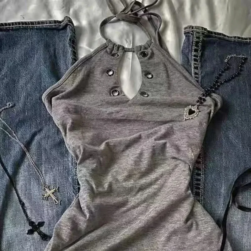 تي شيرت حريمي Y2K صيفي عتيق غير رسمي هاراجوكو حلو حار بدون أكمام جمالي بقصة ضيقة قطع علوية قصيرة 2000s ملابس بديلة