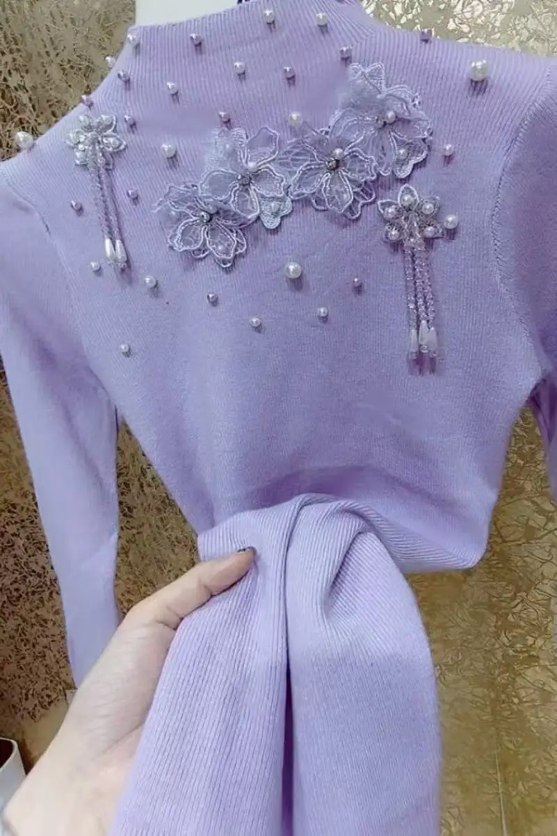 Pearls Beaded Crystal Tassel Flowers Stitch Sweater For Women Spring Autumn 2026 Knitwear Pullovers Femme Clothes