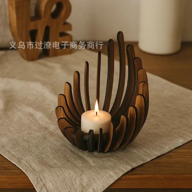 Wooden Lotus Candle Lantern Retro Tabletop Candlestick Indoor Home Atmosphere Decor Ornament