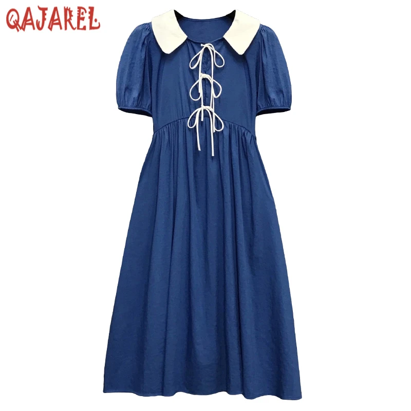 

2024 Blue High Quality Short Sleeve Polo Collar Midi Dress Women Black Korean Vintage Hepburn Dress Summer Elegant Bodycon Dress