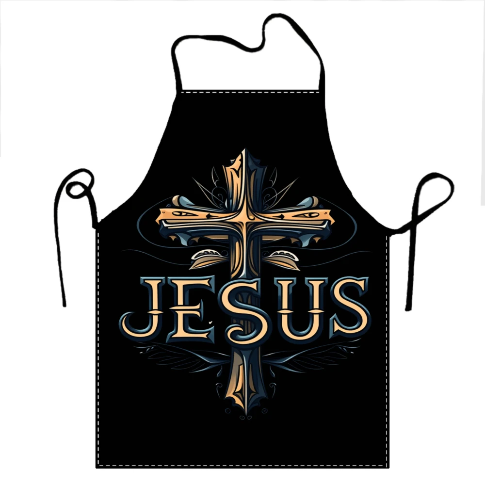 Jesus Cross Apron Christian Religious Kitchen Apron For Men Women Faith Based Cooking Gift Black Apron With Gold And Blue Design