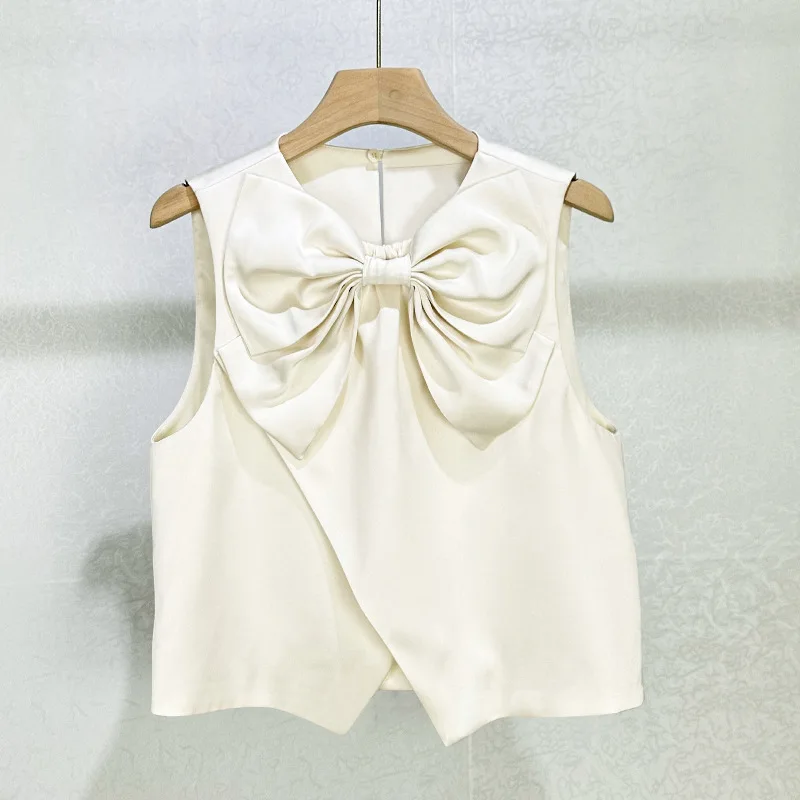 Women's Bow-Tie Decorated Round-Neck Sleeveless Vest Cross-Front Commuter-Friendly Versatile Satin Top 2026 Spring New Y2k