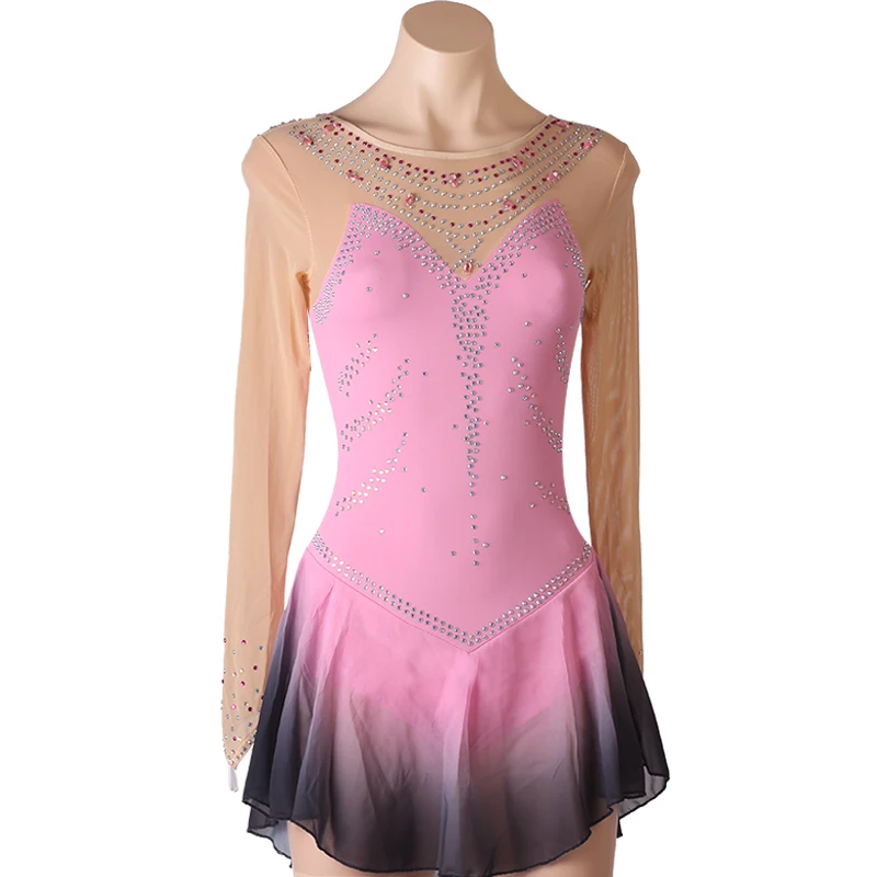 pink black gradient color Figure Skating Dress Women girl Ice Skating Dress Gymnastics Costume custom crystal rhinestone  B165