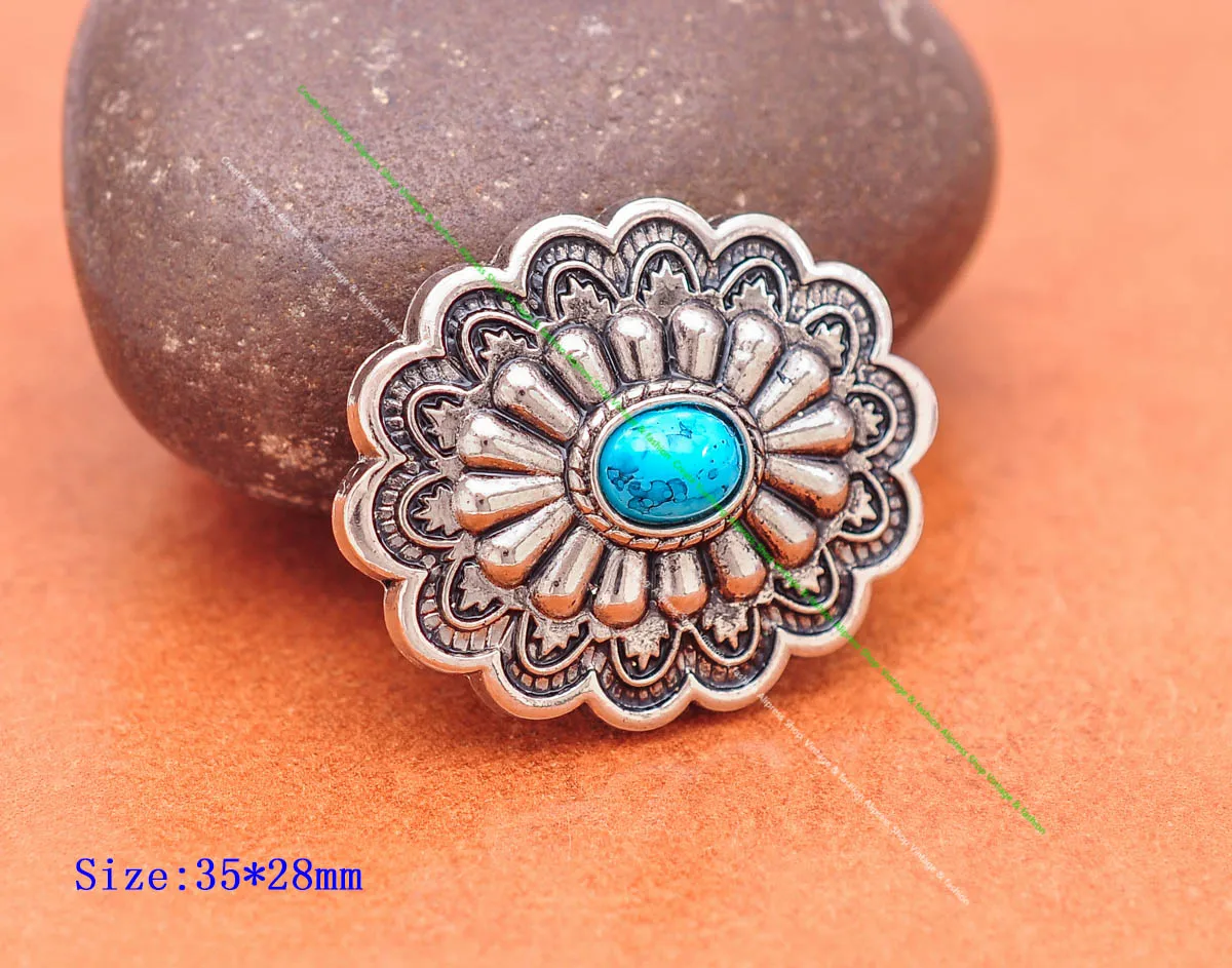 35*28MM Antique Silver Ethnic Indian Flower Art Sky Blue Turquoise Concho Screwback For Leathercraft Belt Bag Hat Hardware