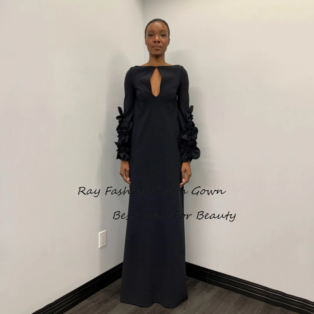 Ray Fashion A Line Evening Dress Boat Neck Handmade Flower With Full Sleeves Floor Length Formal Occasion Gowns فساتين سهرة