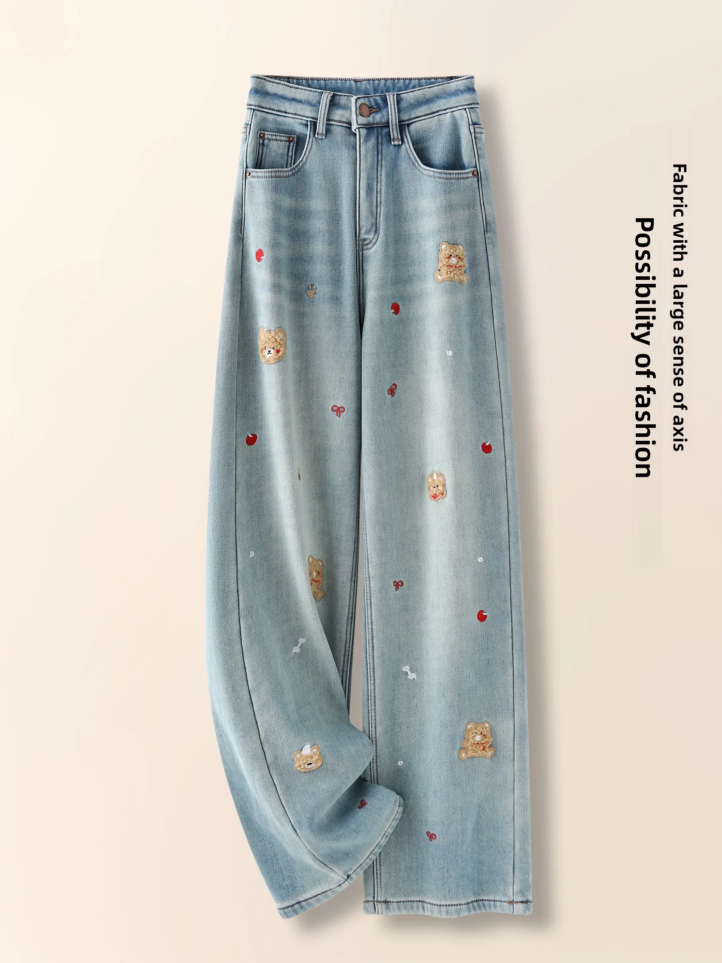 

Elegant Embroidered Wide Leg Denim Jeans Women's High Waist Slimming Fleece Lined Straight Cut Pants Casual Cotton Blend