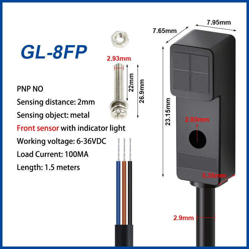 2mm Micro Small Square Proximity Switch Sensor GL-8F 8H Metal Sensor Switch 36V Three-Wire Inductive NPN PNP NO NC 6-36VDC view 3