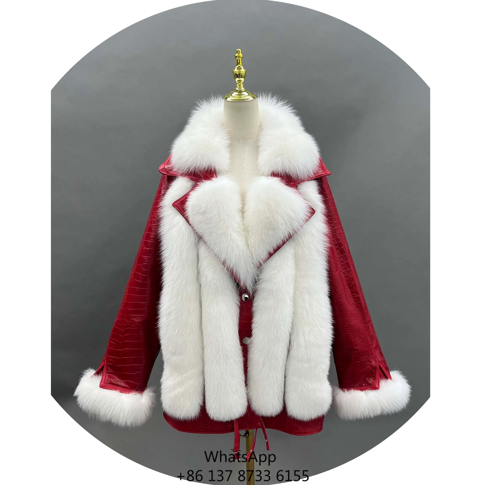 Customized Style Big Size Genuine Croc Leather Real Fox Fur Jacket Women Leather Fur Coat