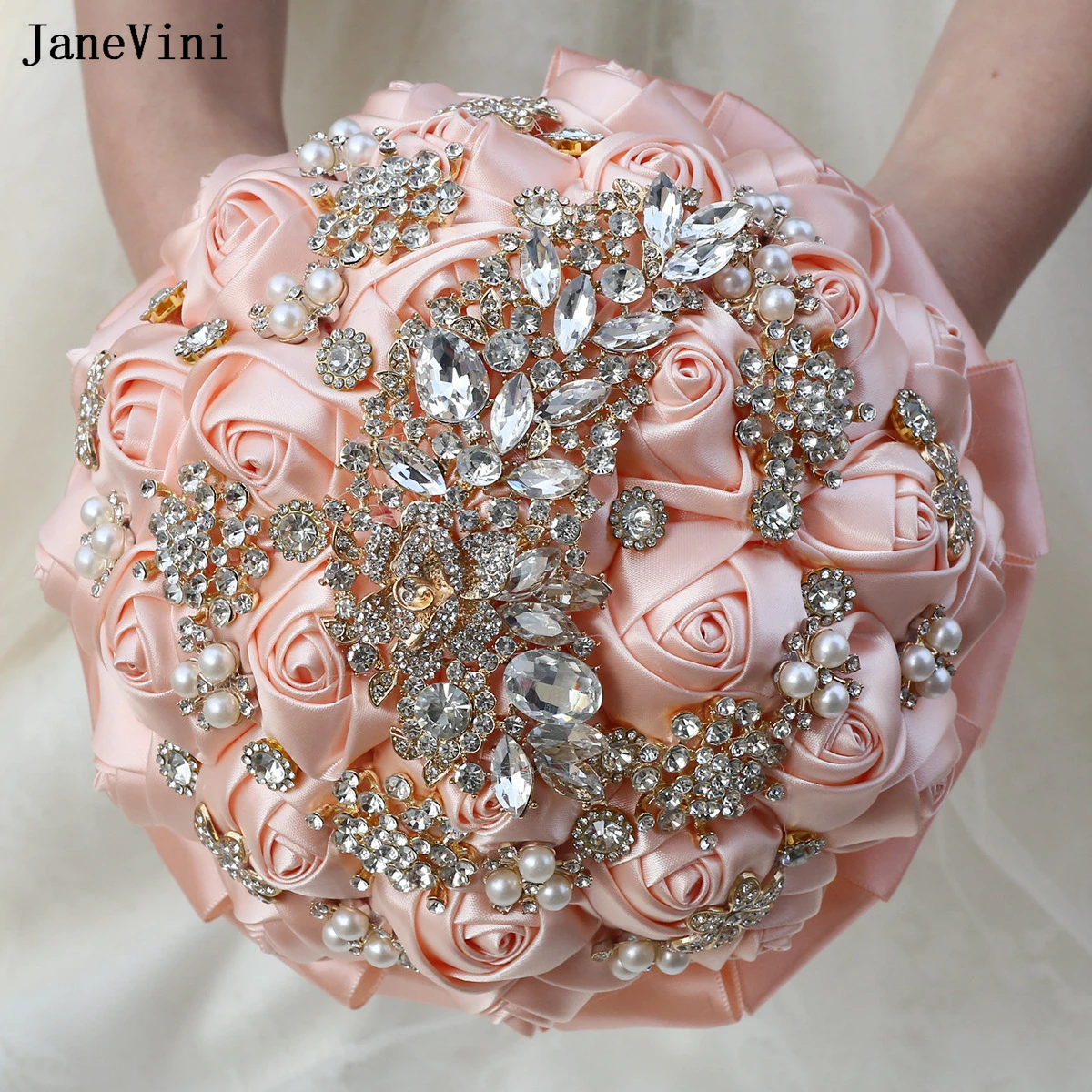 

JaneVini Роскошные кристаллы Свадебные букеты из искусственного атласа Розы Золотые украшения Букет невесты Цветы Свадебные аксессуары