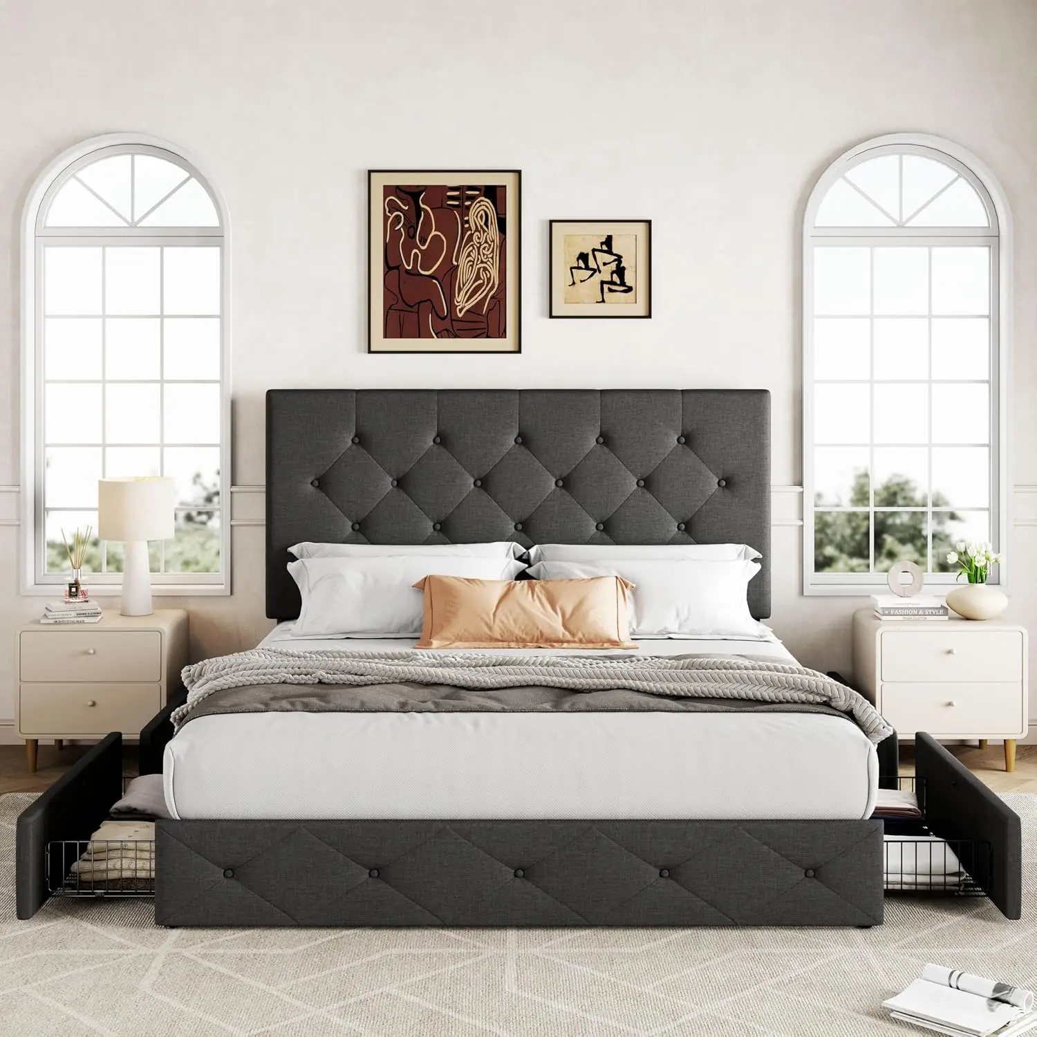 Full Size Upholstered Storage Bed 4 Drawers, Adjustable Tufted Headboard, Noise-Free Platform, No Box Spring, Grey, Customized