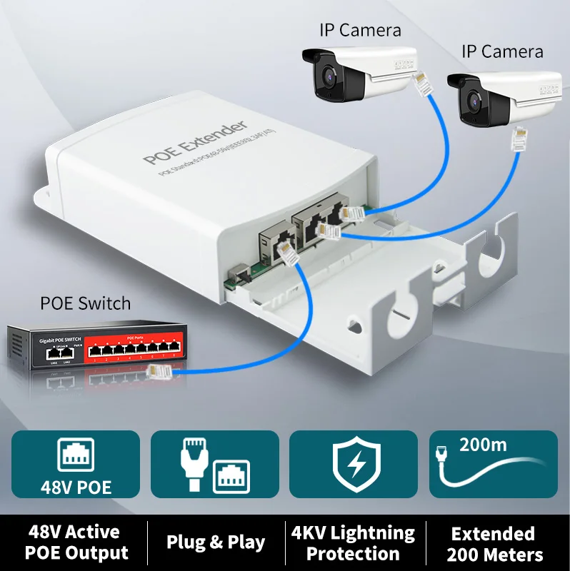 STEAMEMO 1/2/4 Port POE Extender Waterproof 100Mbps POE Repeater IEEE802.3AF/AT Standard For POE Camera Reverse POE Switch