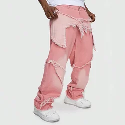 European and American Style Spliced Pink Hip-hop Workwear Wide-leg Tencel High-end Trendy Men's Jeans.