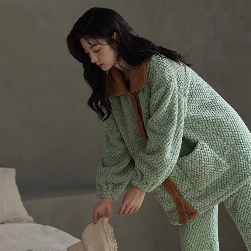 Coral Velvet Pajamas Winter Women Thickened Fleece-lined Embroidered Homewear Suit Female Leisure Warm Comfortable Nightclothes