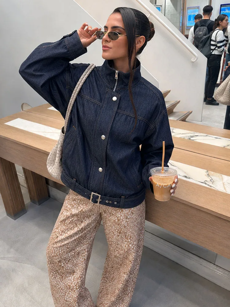 HH Women Spring Autumn Dark Denim Jacket High Collar Half Zip Waist Belt Long Sleeve Cropped For Holiday Vacation Outdoor Wear
