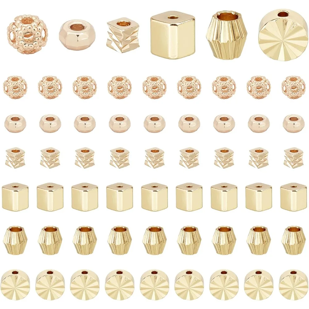 

60 шт. 18-каратные позолоченные бусины, 6 стилей, латунные бусины-разделители, плоские круглые кубические биконусные граненые прокладки, металлические свободные бусины на лето