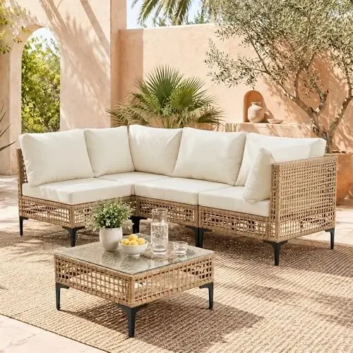 5-Piece Outdoor Wicker Patio Sectional Furniture Set, Beige | 4-Seat, PE rattan, All weather performance, Patio