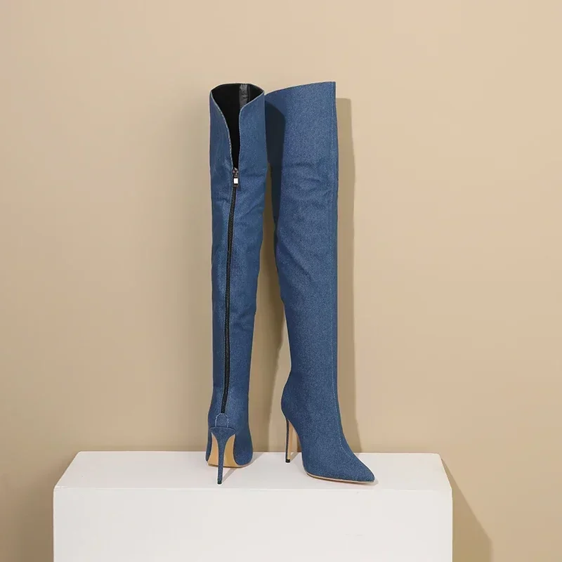 Sexy Women Thigh High Boots Blue Black Denim Thin Stiletto Heels Pointed Toe Party Ladies Back Zipper Jeans Over the Knee Boots