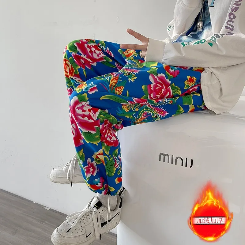 Pantalones bombachos con estampado de flores para hombre, Pantalón de algodón, Estilo Vintage, chino, Harajuku, informal, holgado, Retro, Plus