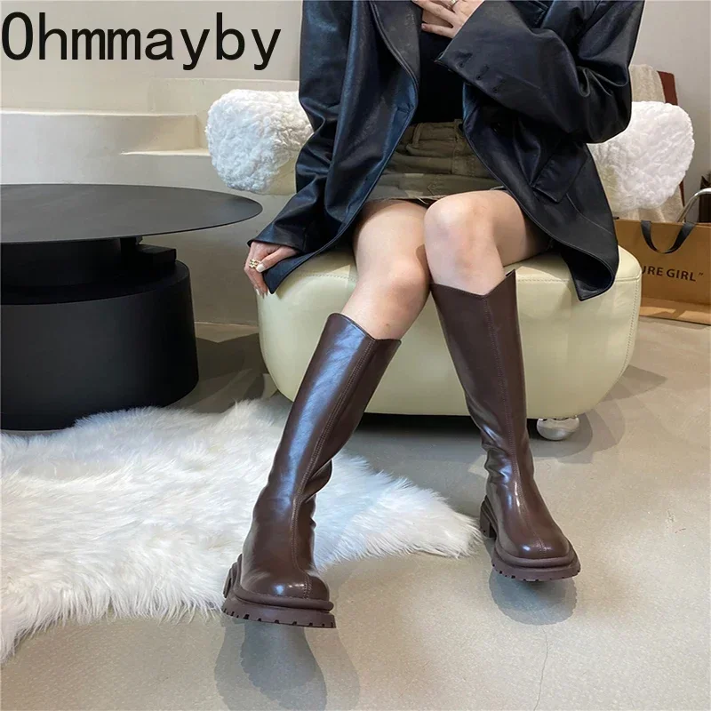 Designer Women Knee High Boots Fashion Back Zippers Knight Long Boots Square Heels Autumn Winter Ladies Shoes