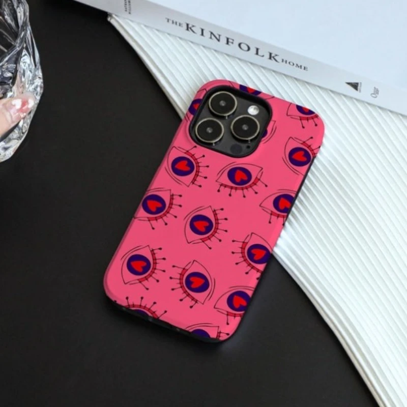 

Магнитный чехол для телефона IPHONE 17, 16, 15, 14, 13, 12, 11, 16e Air PRO Plus, жесткий акриловый противоударный чехол с розовыми сердечками и глазами