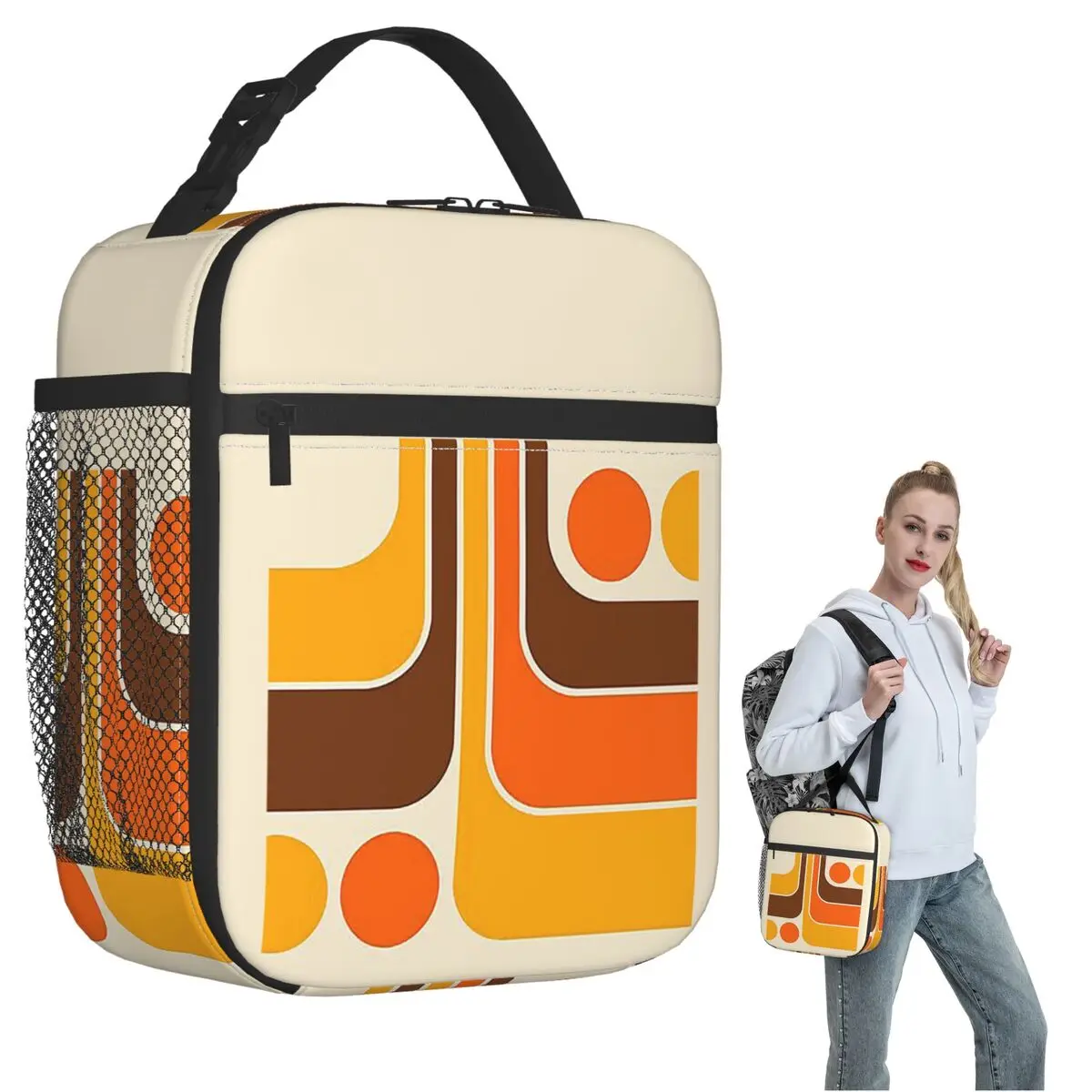 

Retro Geometric Design 62 Insulated Lunch Bag for Women Children Leakproof Food Boxes Thermal Lunch Box Tote