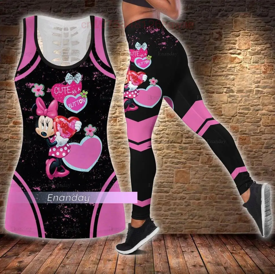 2024 New Minnie Women\'s Hollow Vest Women\'s Leggings Yoga Suit Fitness Leggings Sports Suit Disney Tank Top Legging Set Outfit