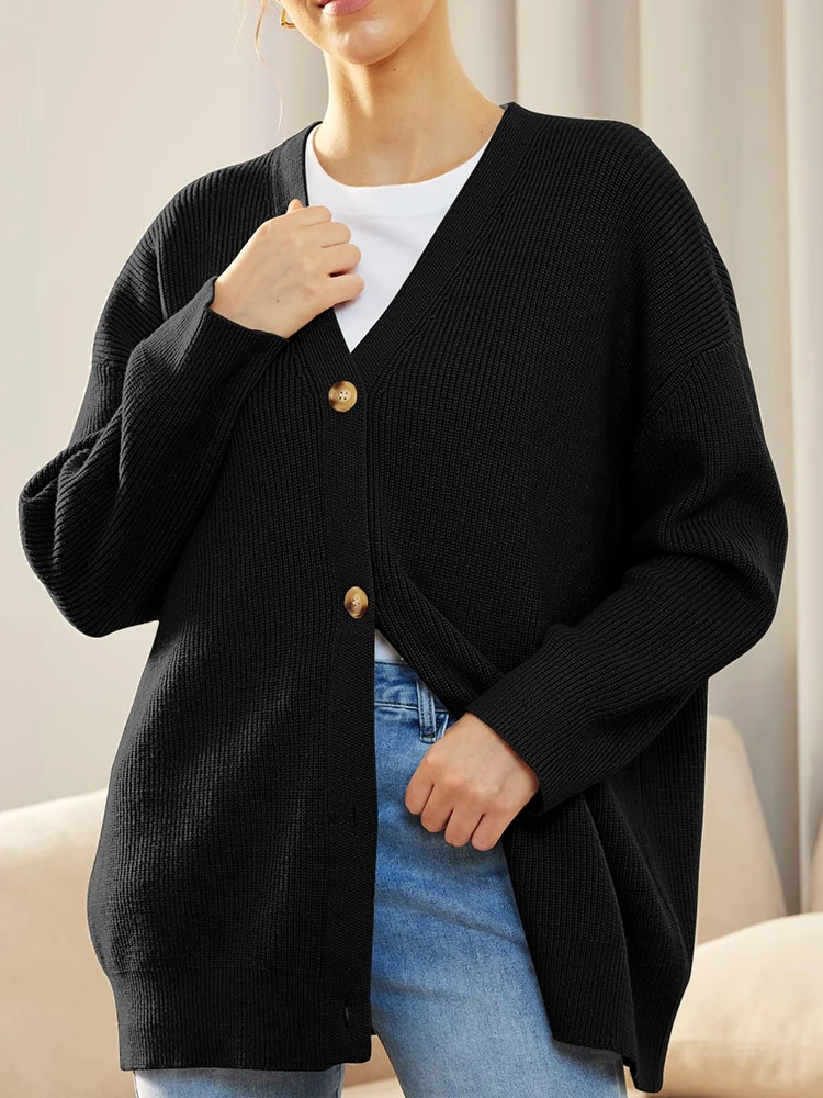 2024 Autumn And Winter New Women's Old Cardigan Jumper Simple Versatile Knitwear Buttons V Neck Solid Colour Jumper Women