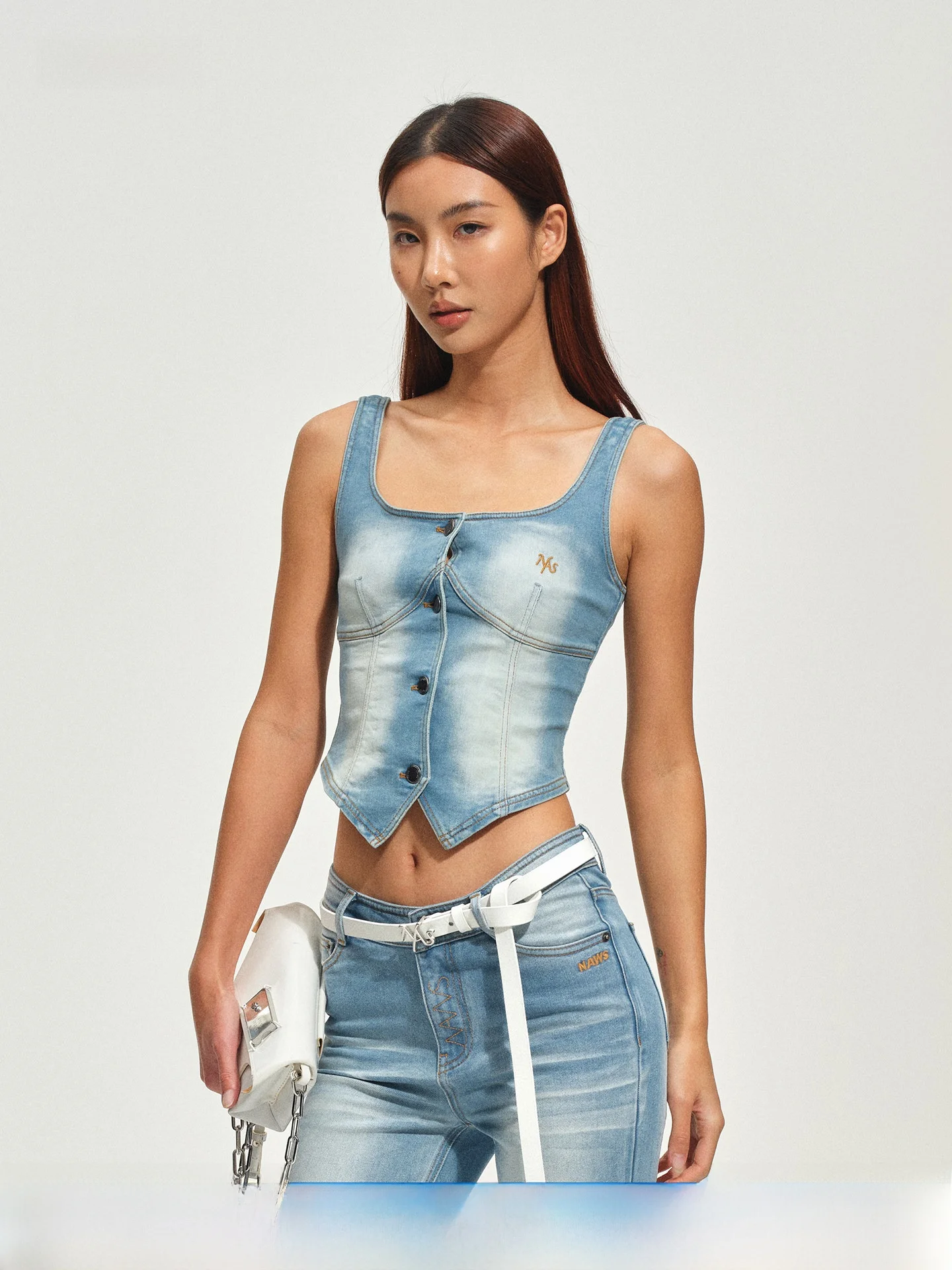 

Washed Denim Slim Fit Vest NAWS Knight Cowboy Top Large U Neck Waist Cinching Strap Women's Fashion Retro Style Short Length