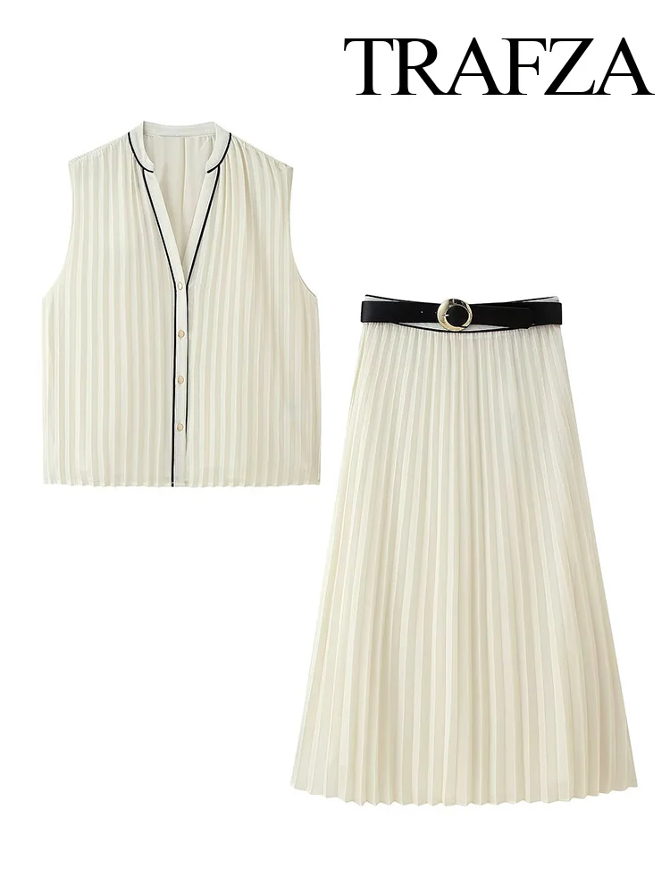 

TRAFZA Women Fashion V-Neck Solid Pleated Single-breasted Sleeveless Top+High Waist Casual Belt Decoration A-Line Midi Skirt Set