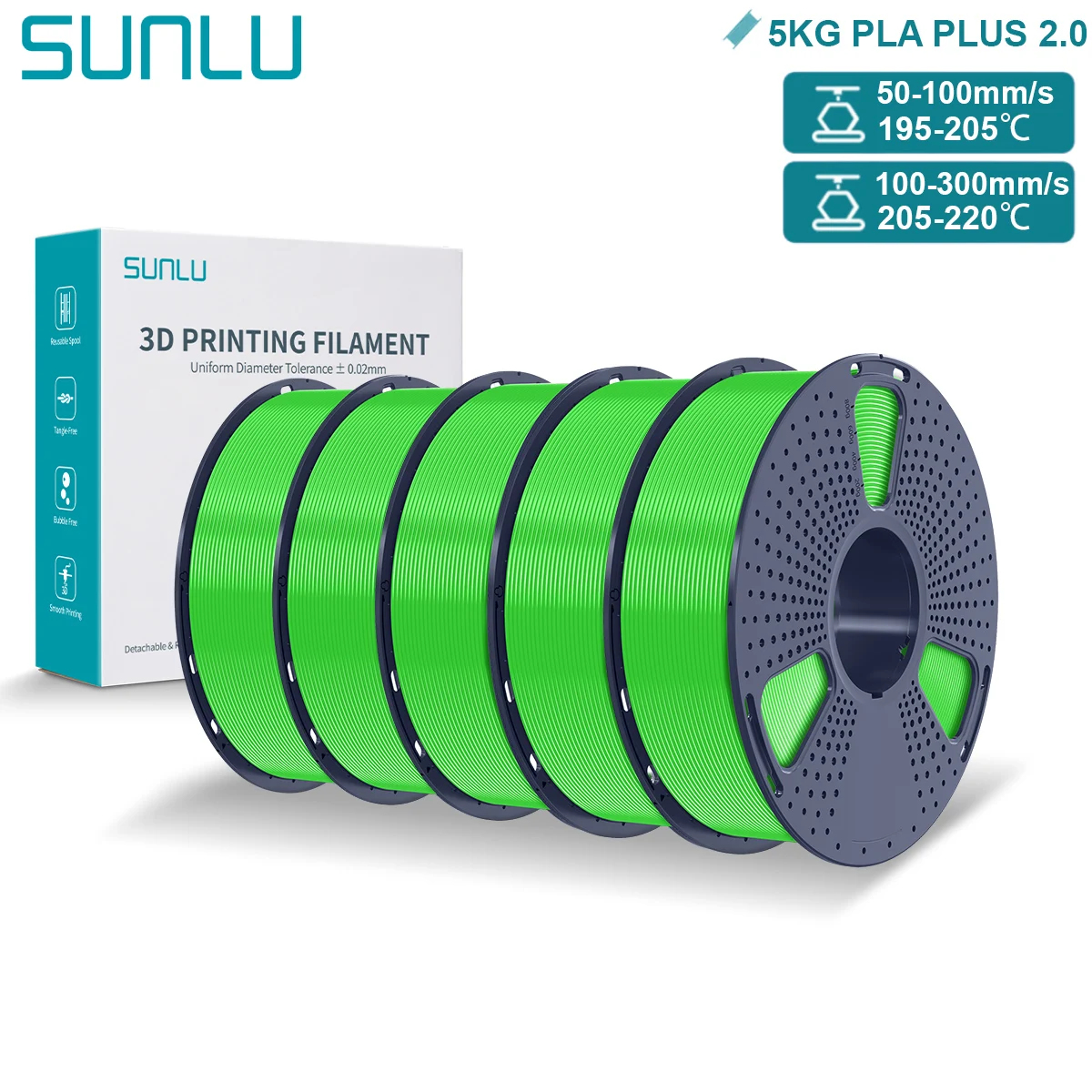 SUNLU 5KG PLA PLUS 2.0 3D-filament 1,75 mm Upgrade PLA Plus Sterkere veerkracht Netjes wond Veelkleurig voor de meeste FDM 3D-printers