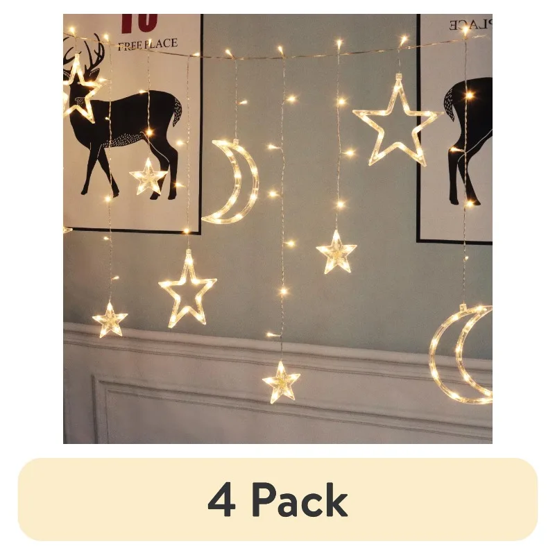 

(4 pack) 144-Count Indoor Battery Operated Warm White LED Curtain Lights with Stars and Moons