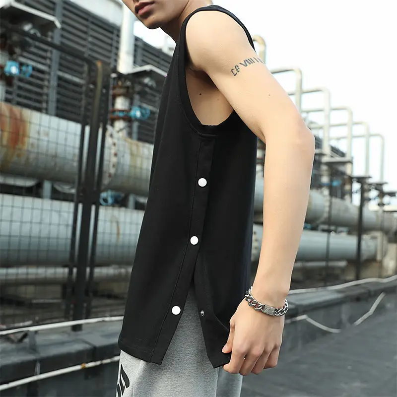 2023 Summer New Sleeveless Men's Clothing Round Neck Spliced Button Solid Color All-match Trend Sports Loose Korean Version Vest