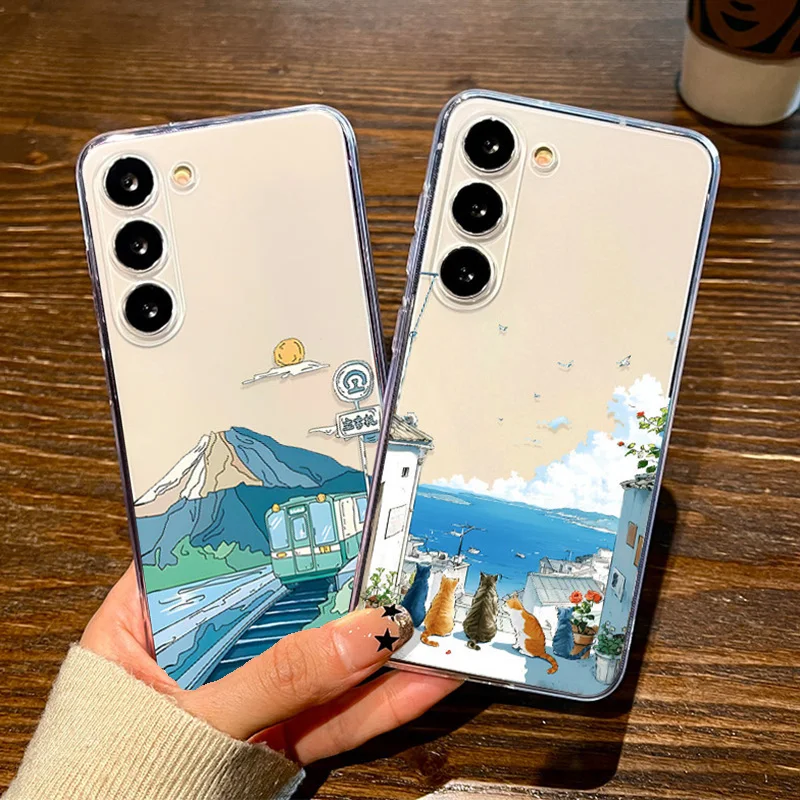 Ins Landscape Scenery Cat Clear Phone Case For Samsung Galaxy S24 S23 S22 S25 Ultra Plus Cover S25+ S22+ S23+ S24+ Shell Fundas