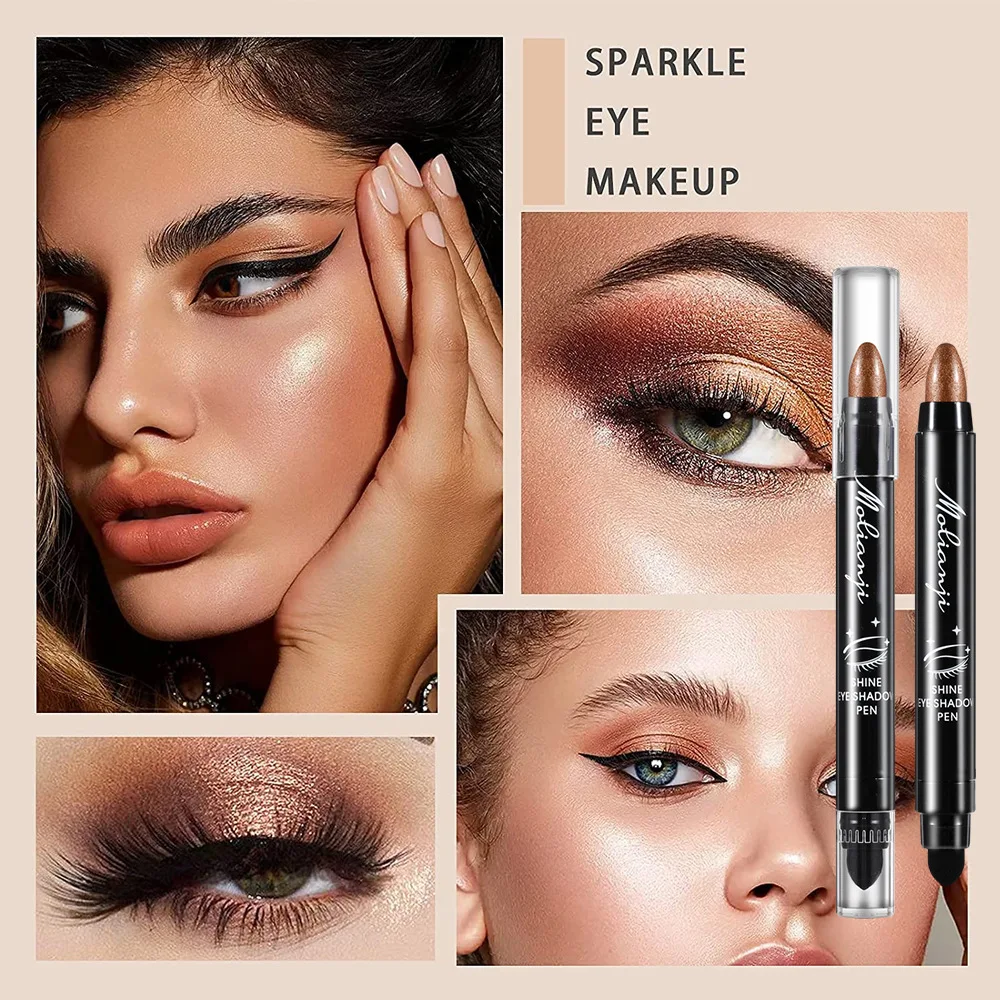 →이Ombretto in metallo Stick - Ombretto in stick metallizzato lucido Trucco schiarente Penna per ombretto con baco da seta per dormire ad alta lucentezza