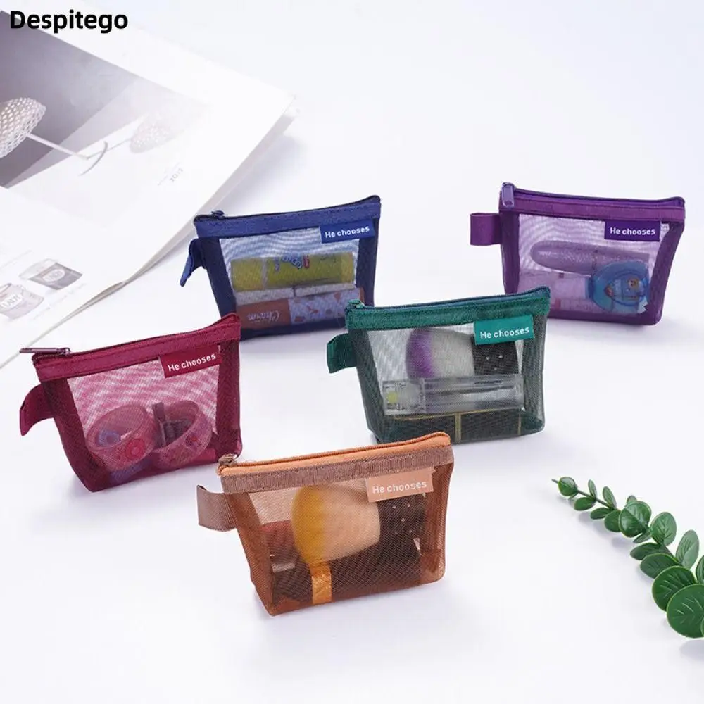 Retro Color Mesh Mini Coin Bags Purse ID Credit Card Holder Earphone Data Line Storage Bag Small Makeup Case Cosmetic Bag