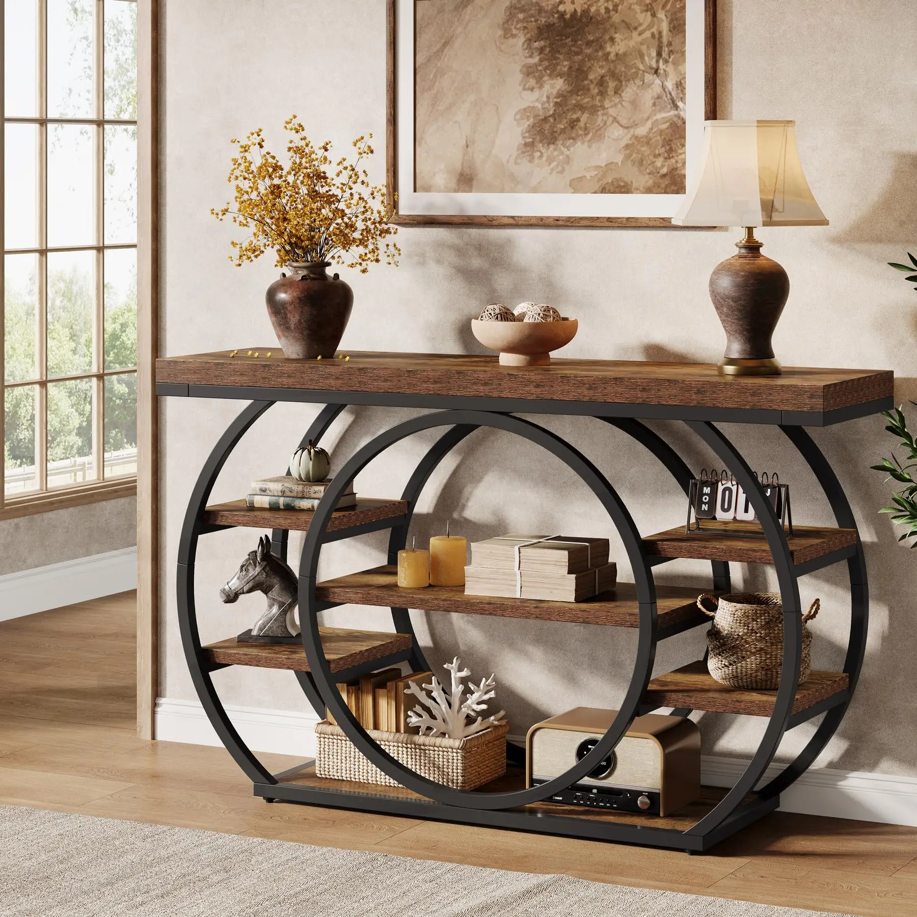 # Tribesigns 120cm Industrial Console Table 5 Tier Metal Frame Narrow Entryway Hallway Behind Couch Living Room Rustic Brown