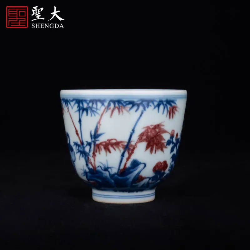 

|Guihong kiln blue and white underglaze red crane Master Cup Jingdezhen tea set pure hand-painted tea cup Kung Fu tea cup