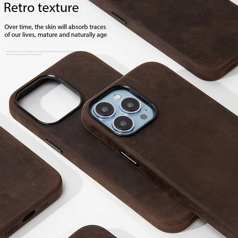 Włoskie etui z prawdziwej skóry Crazy Horse do iPhone 16 15 17 18 Pro Max, magnetyczne etui z naturalnej skóry z funkcją MagSafe. — zdjęcie produktu 2